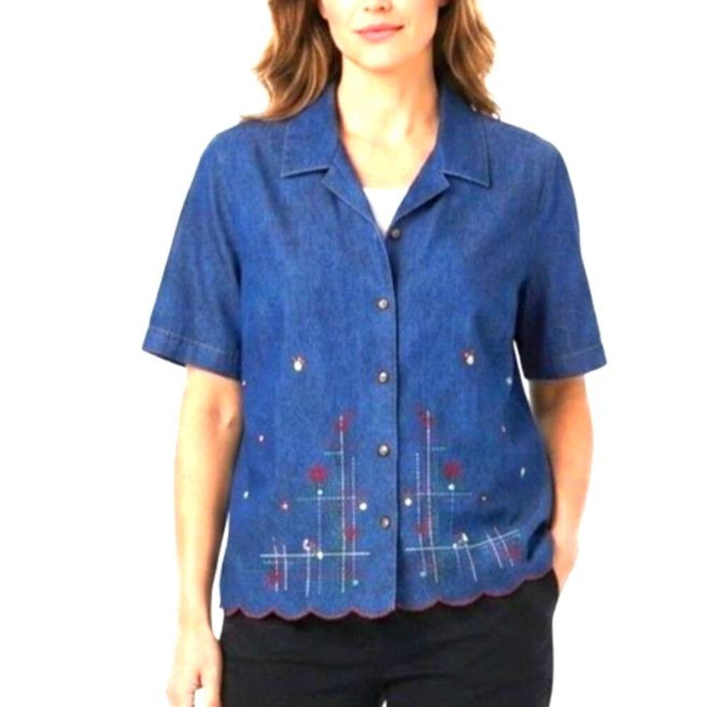 Vintage 80s Koret Women's Blue Denim Embroidered Layered Button SS Front Top 18W